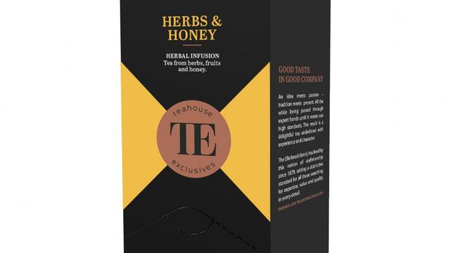 <strong>Herbs & Honey</strong> /Bylinno-ovocný čaj s příchutí medu/ - vyvážená směs ovocných a bylinných čajů s příchutí heřmánku a medu<br/><strong>Složení:</strong> Jablko, pomerančová kůra, list meduňky a ostružiny, heřmánek, květ lípy, med (0,5%), medové aroma<br/><strong>Země původu</strong>: Německo